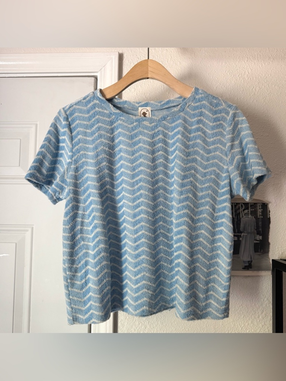 DANDY DEL MAR blue white chevron zig zag terry cloth cotton crew boxy cropped